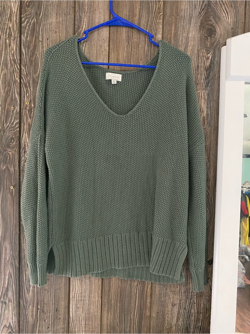 Lucky Brand Olive Green V-Neck Chunky Knit Sweater